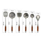 Medidas del Set seis utensilios cocina creativa Ranty: 32.5cm a 39.5cm, de acero inoxidable y mango de madera café premium.