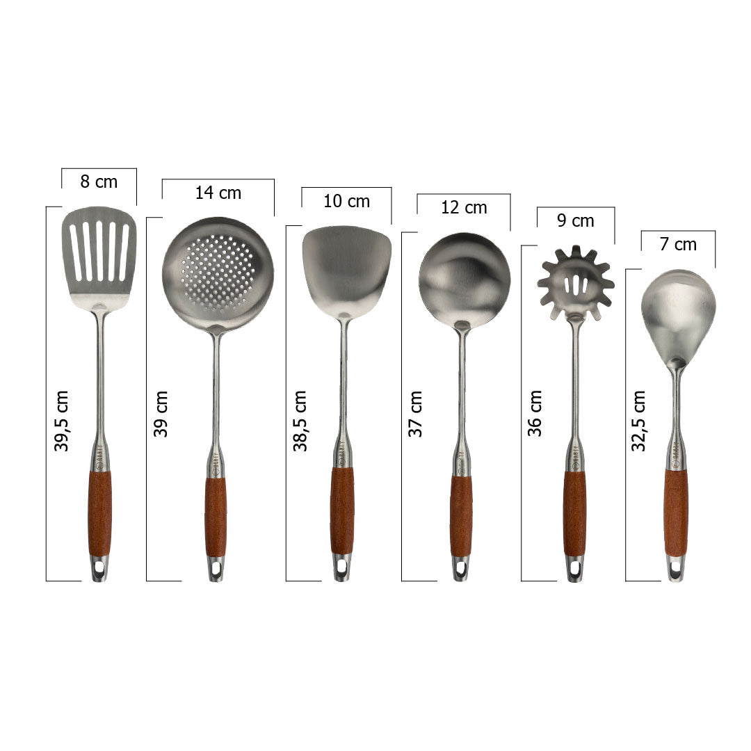 Medidas del Set seis utensilios cocina creativa Ranty: 32.5cm a 39.5cm, de acero inoxidable y mango de madera café premium.