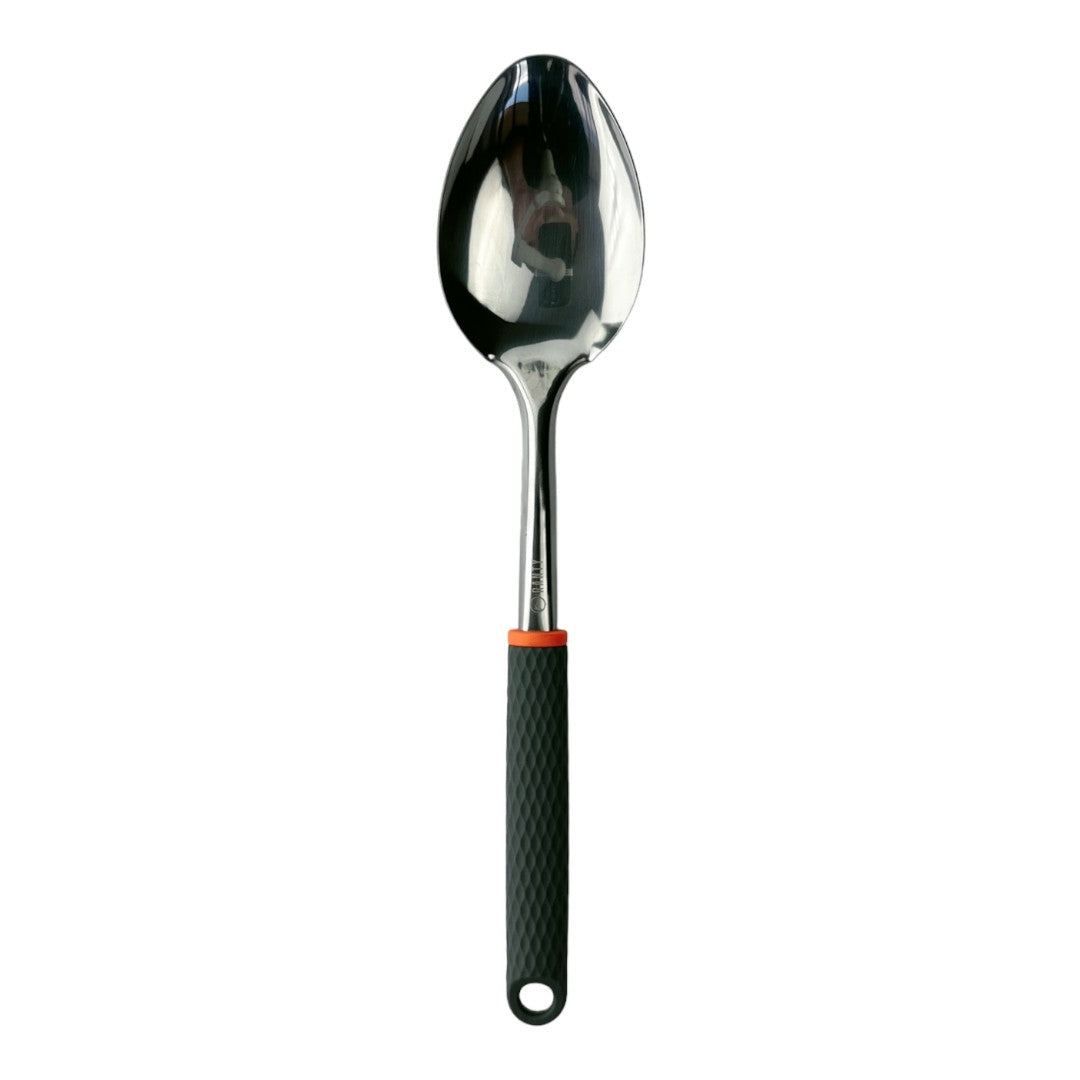 Cuchara grande cocina Joven Ranty 32cm con mango antideslizante gris y detalle naranja, y cuerpo de acero inoxidable.
