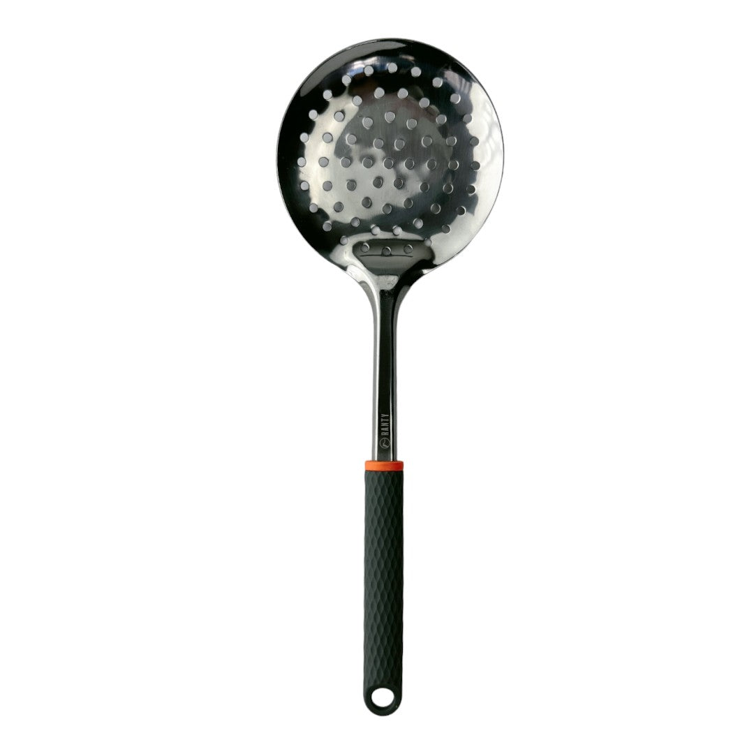 Espumadera cocina Joven Ranty 34cm de acero inoxidable con mango ergonómico antideslizante gris y borde naranja.