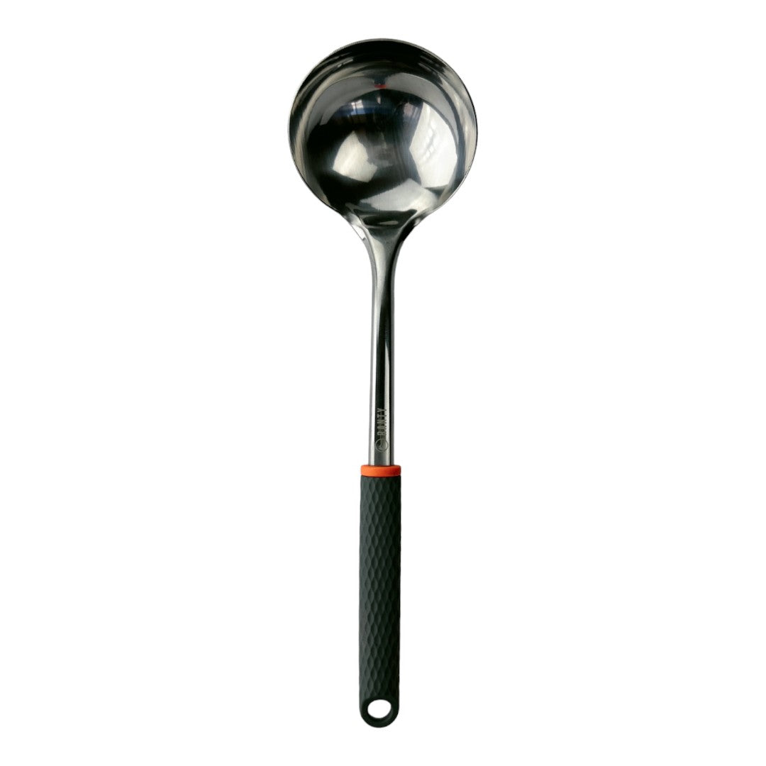 Cucharón de sopa cocina Joven Ranty 33cm con mango antideslizante color gris y naranja, diseño moderno y ergonómico.
