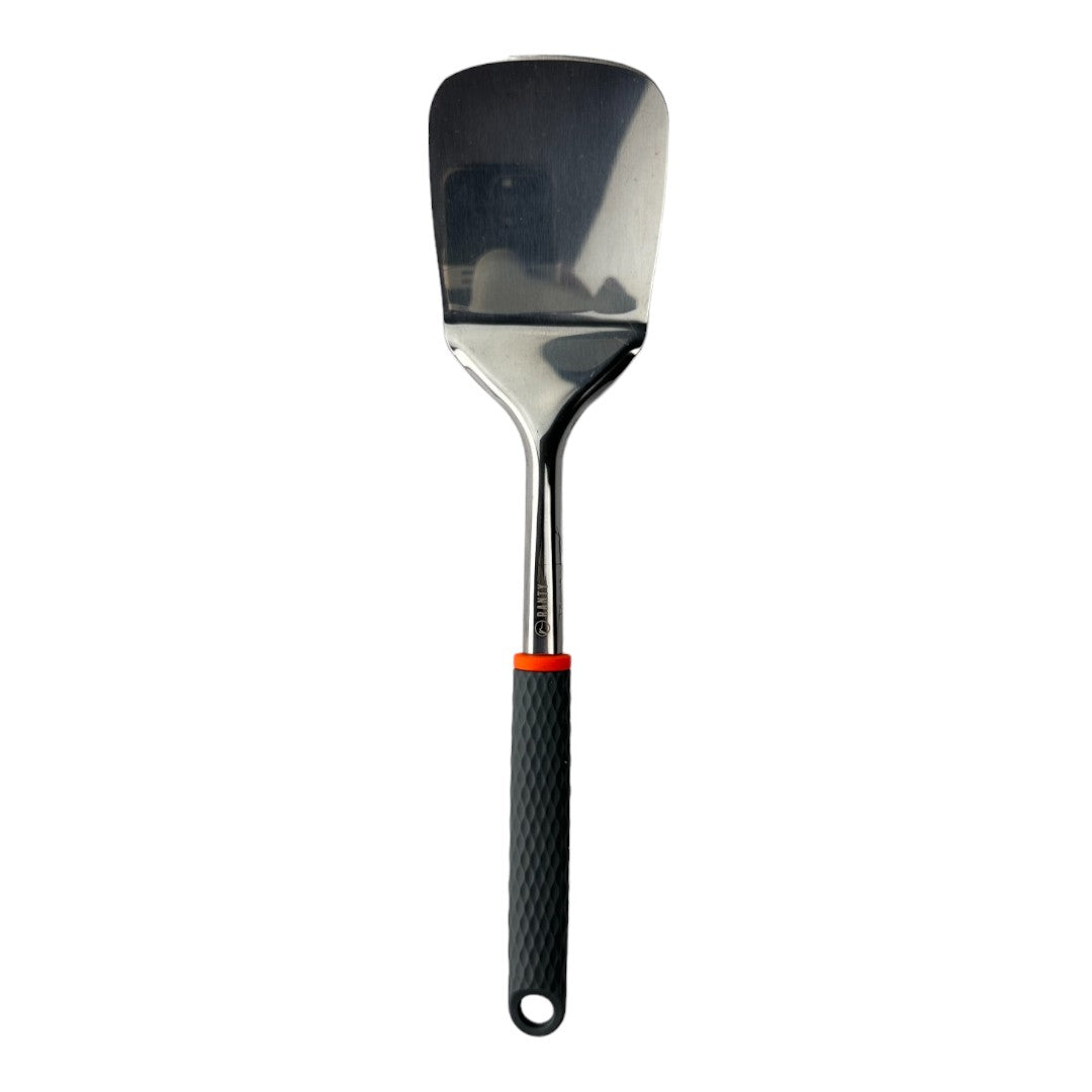 Espátula lisa cocina Joven Ranty 34cm, acero inoxidable y mango antideslizante gris y borde naranja, ergonómico y moderno.