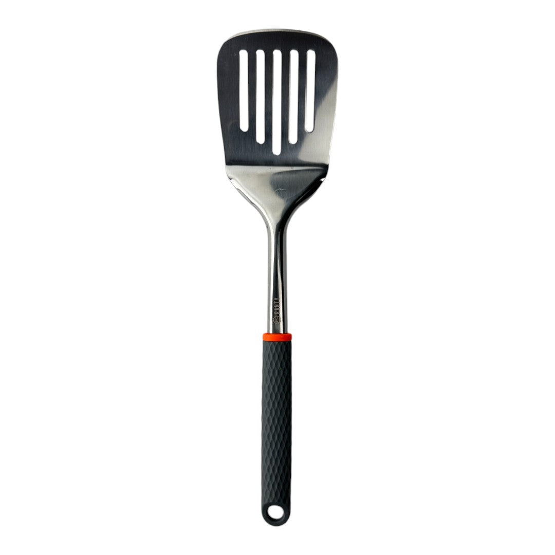 Espátula ranurada cocina Joven Ranty 34cm acero inox y práctico mango ergonómico antideslizante gris con detalle naranja.