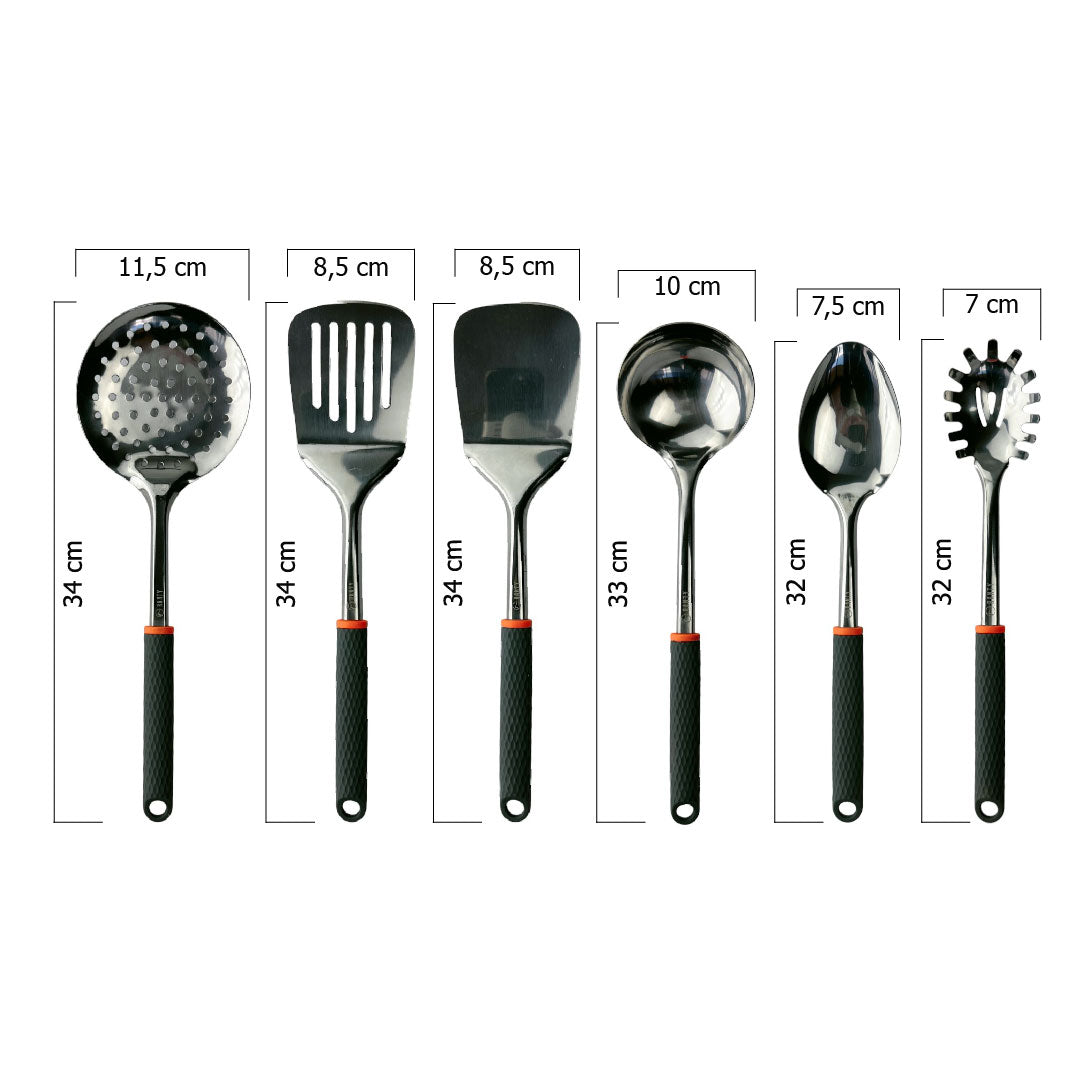 Set seis utensilios cocina joven Ranty tamaños 32cm a 34cm, de acero inox y mango antideslizante gris con naranja.