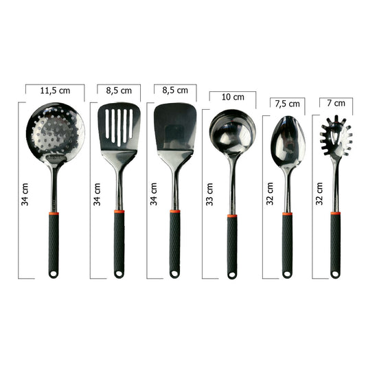 Set seis utensilios cocina joven Ranty tamaños 32cm a 34cm, de acero inox y mango antideslizante gris con naranja.
