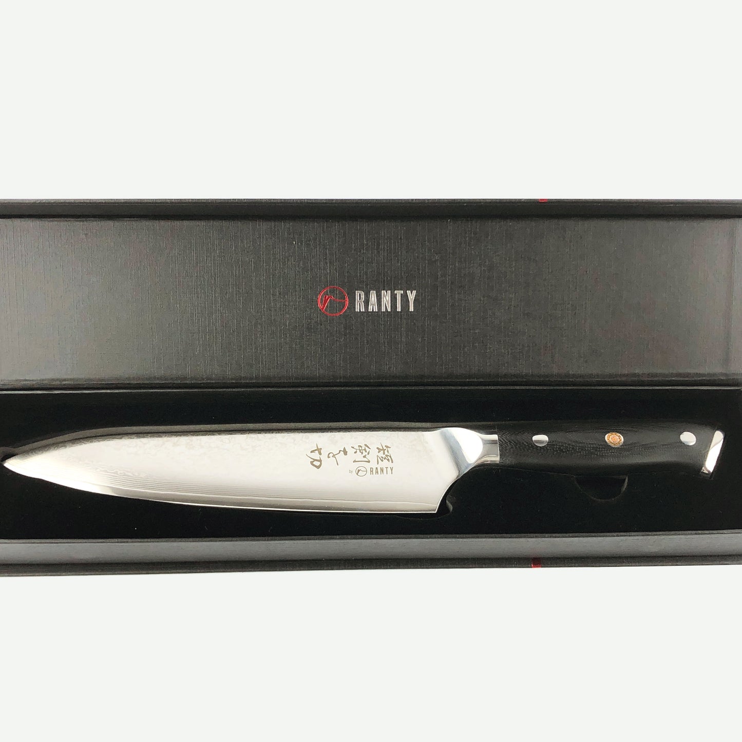 Cuchillo de acero de Damasco Grand Chef Ranty 20cm en estuche exclusivo con detalles en rojo.