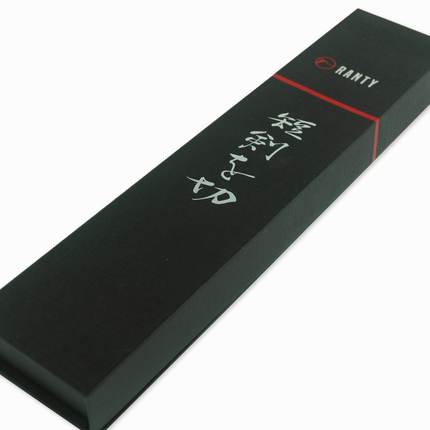 Caja de presentación negra del Cuchillo de acero de Damasco Grand Chef Ranty con caracteres japoneses.